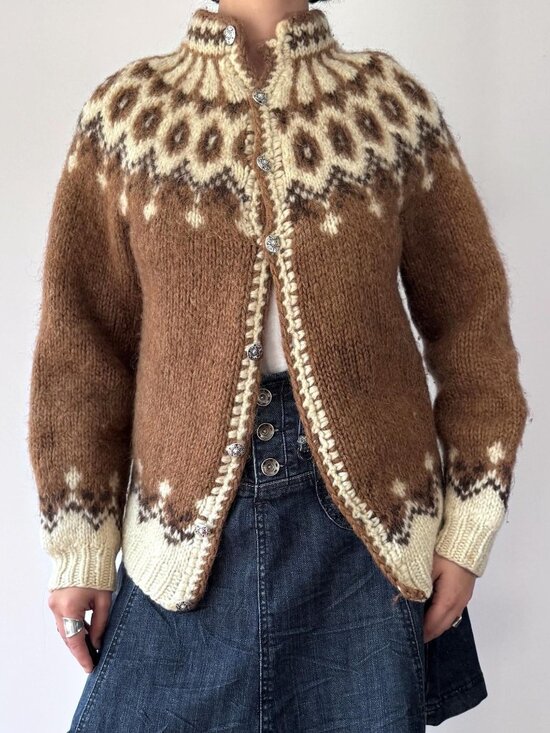 Handmade Sweaters - Vintage brown fair isle nordic icelandic wool chunky hand knit cardigan sweater